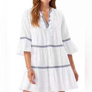 Tommy Bahama Jacquard Tiered Dress White Swim Cover-Up with Navy Trim